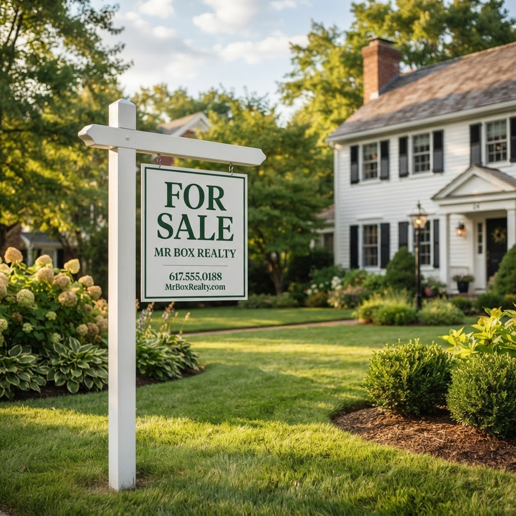 White real estate For Sale sign post installed in front of an upscale Massachusetts home